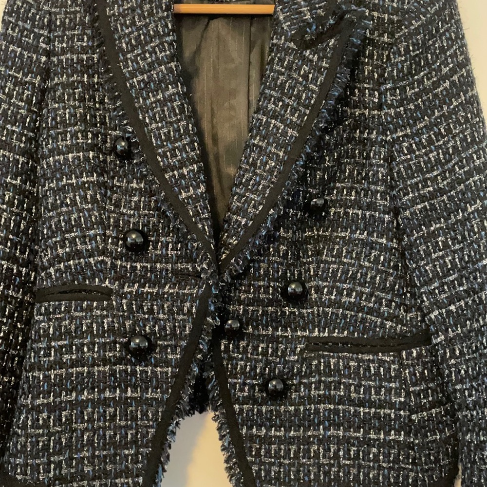 Blue black and silver Veronica beard jacket. Can be worn indoors or outdoors.